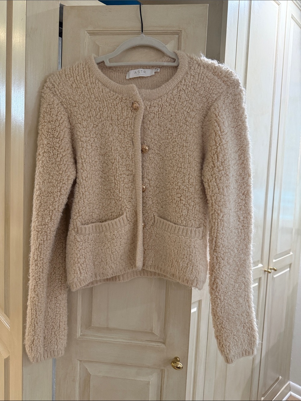 Astr Cream Sherpa Cardigan with Gold Buttons